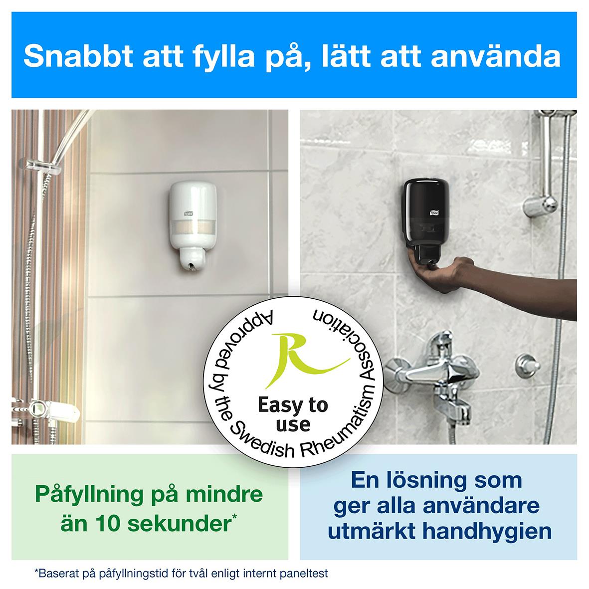 Två duschlösningar med schampo och duschtork, lätt att fylla på och använda, passar för alla användare