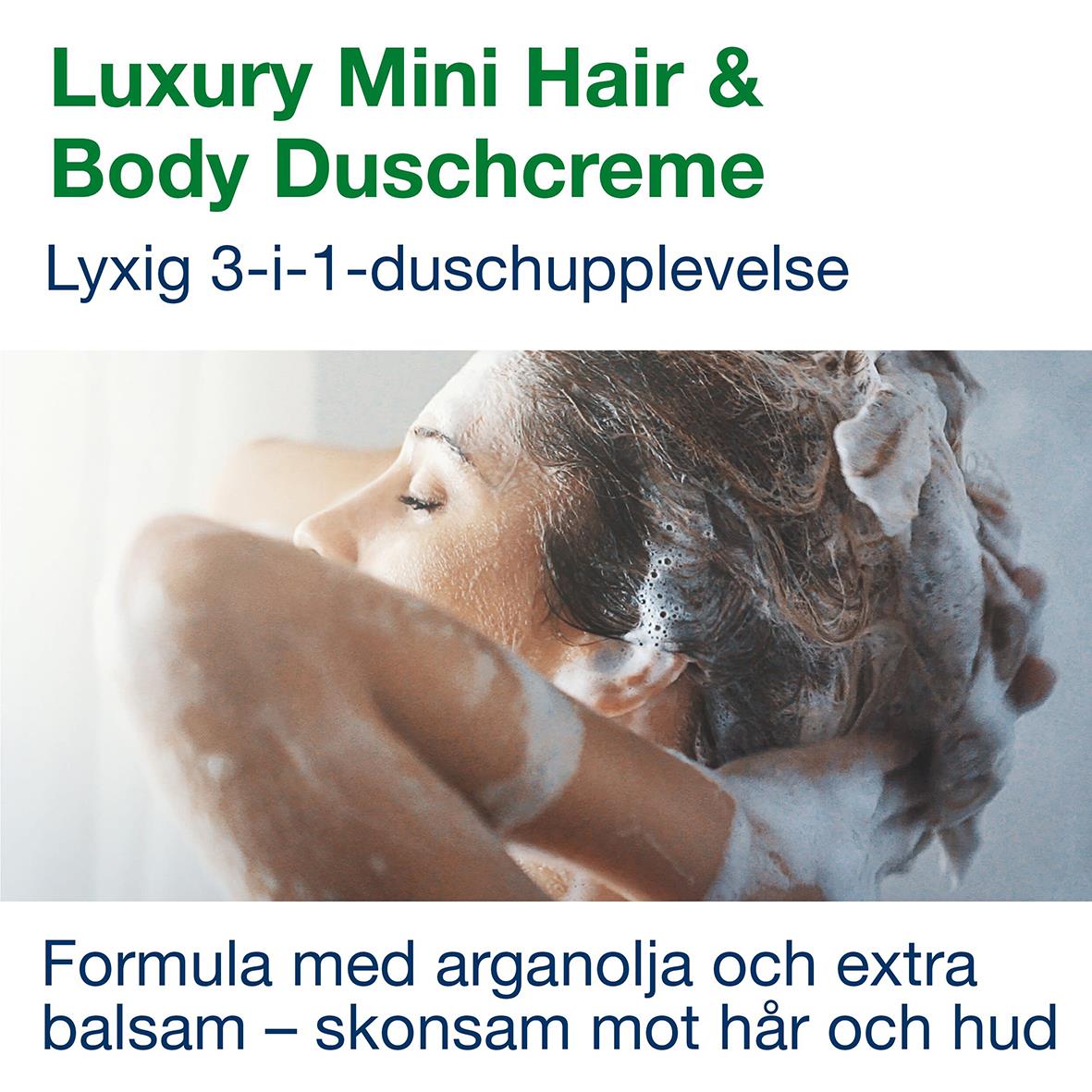 Mini schampo och duschkräm för hår och kropp med arganolja och balsam, parfymfri, lyxig 3-i-1-upplevelse