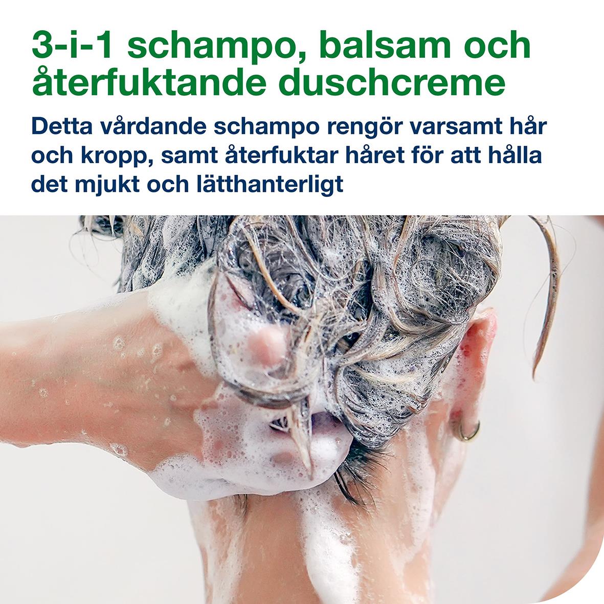 Mini schampo, balsam och duschcreme för vård av hår och hud, återfuktar och gör håret lätt att hantera