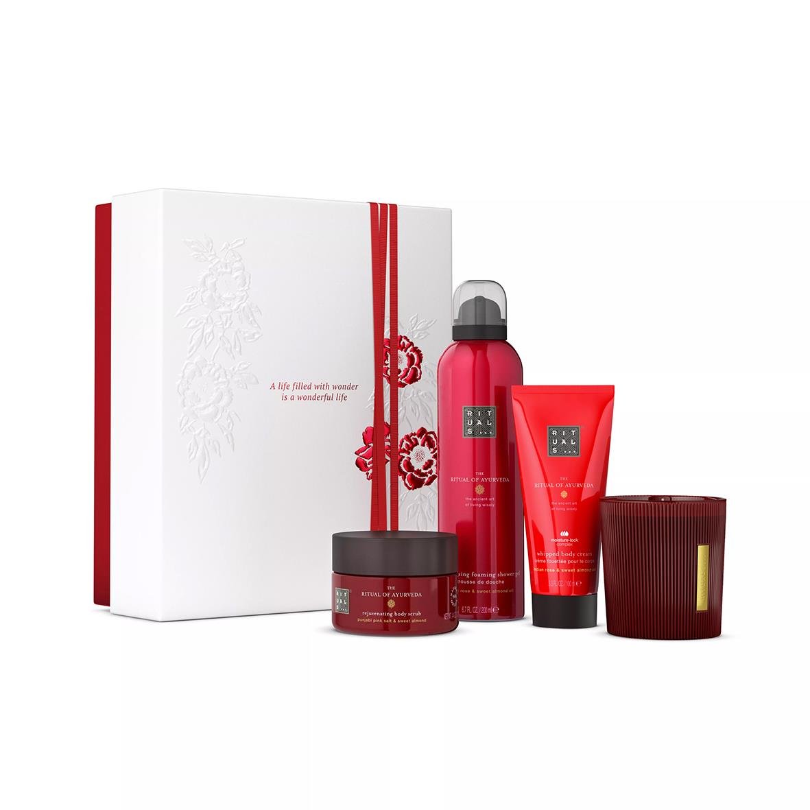 Gåvoset Rituals Ayurveda Medium med vattenflaska, kräm och kroppsscrub i presentförpackning