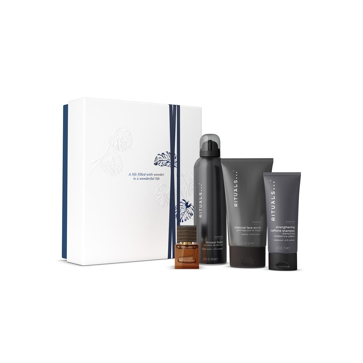 Gåvoset Rituals Homme Medium med duschgel, kroppsspray, och andra produkter i en presentlåda