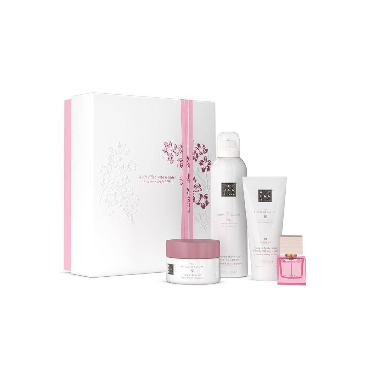 Gåvoset Rituals Sakura Medium med tvål, lotion, scrub och parfym i rosa och vitt paket