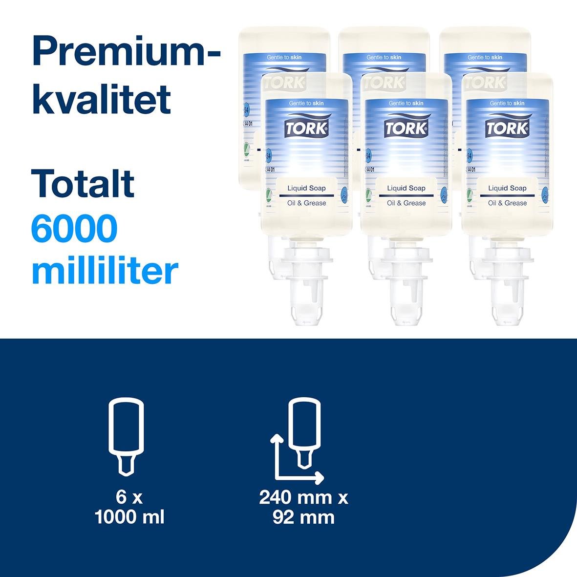 Handrent Tork S4 industrivål för olja och fett, 1 liter, 6 flaskor á 1000 ml, längd 240 mm, diameter 92 mm