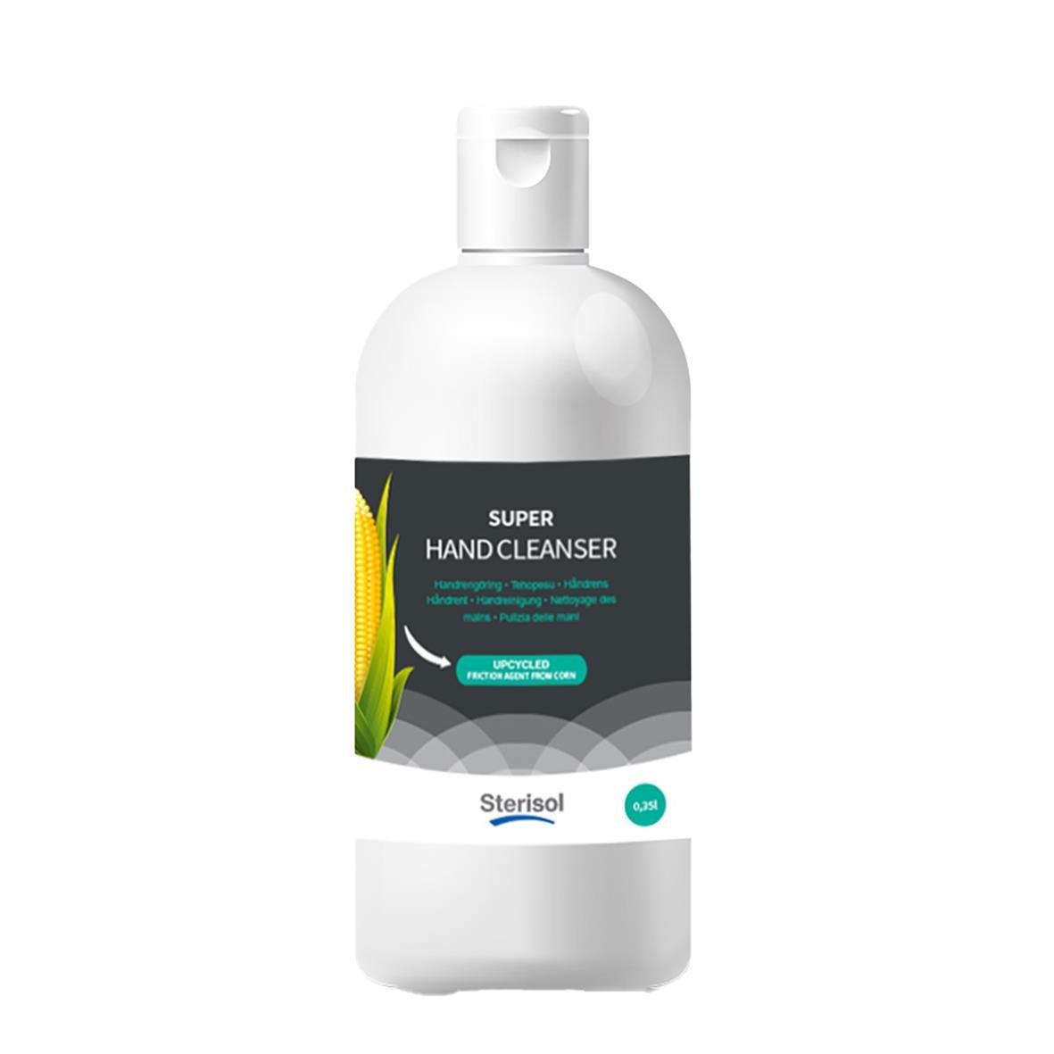 Flaska med handdesinfektionsmedel märkt Super Hand Cleanser, steril och uppdaterad formel