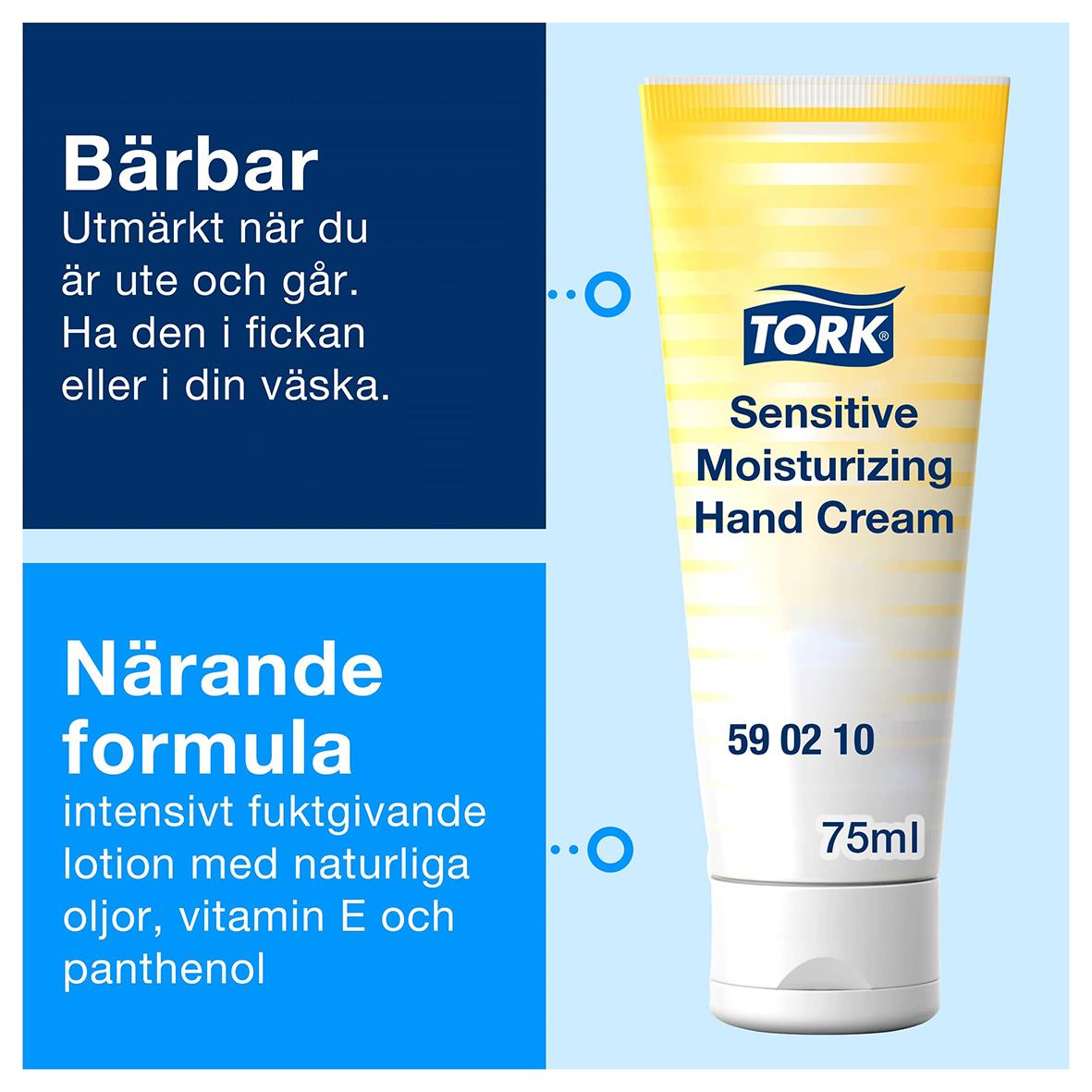 Handkräm Tork Sensitive Moisturizing 75ml i tub med blå och gul design