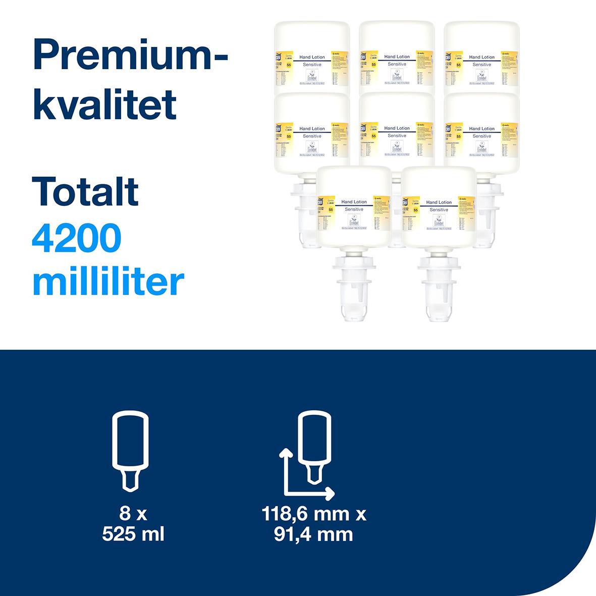Mini handkräm Tork S5 Premium parfymfri med totalt 4200 ml, åtta flaskor om 525 ml
