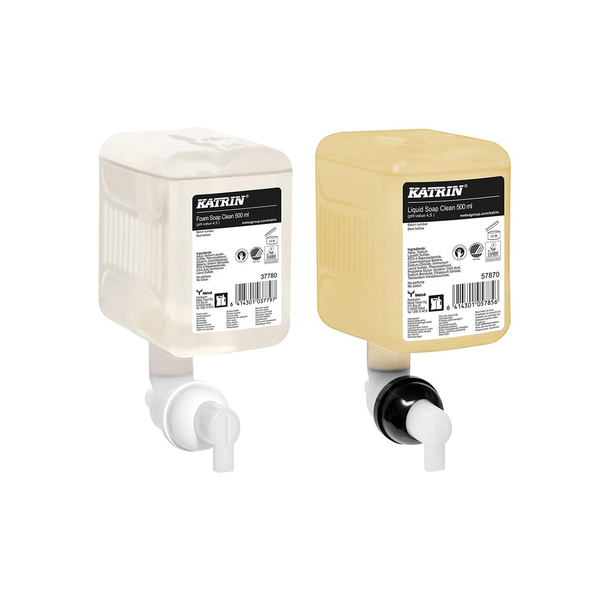 Två Katrin tvåldispensrar, vit och beige, 500ml