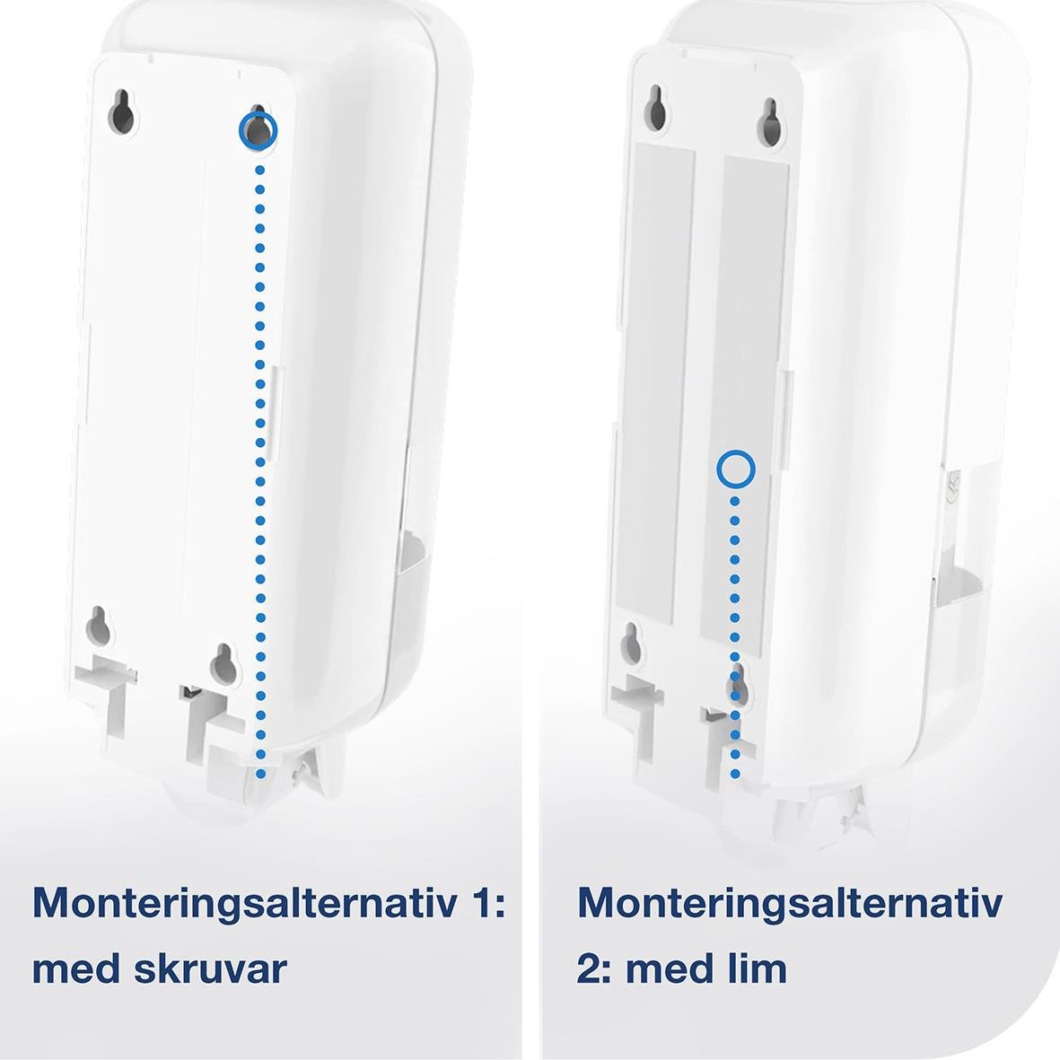 Vit plastdispenser Tork S4 med två monteringsalternativ, med skruvar och med lim