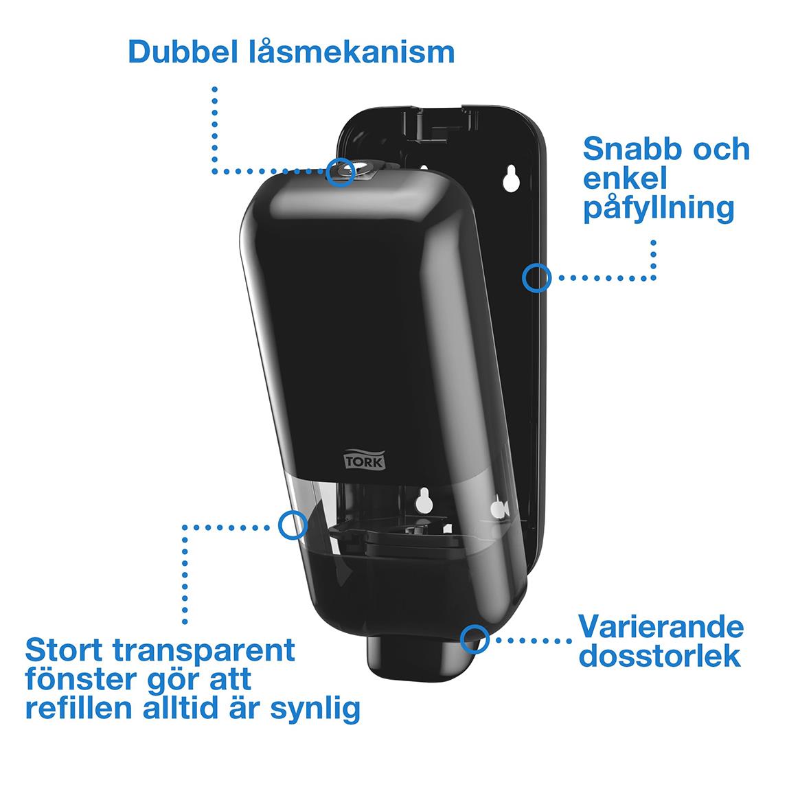 Svart plastdispenser Tork S4 med dubbelt låsmekanism och transparent fönster för refill
