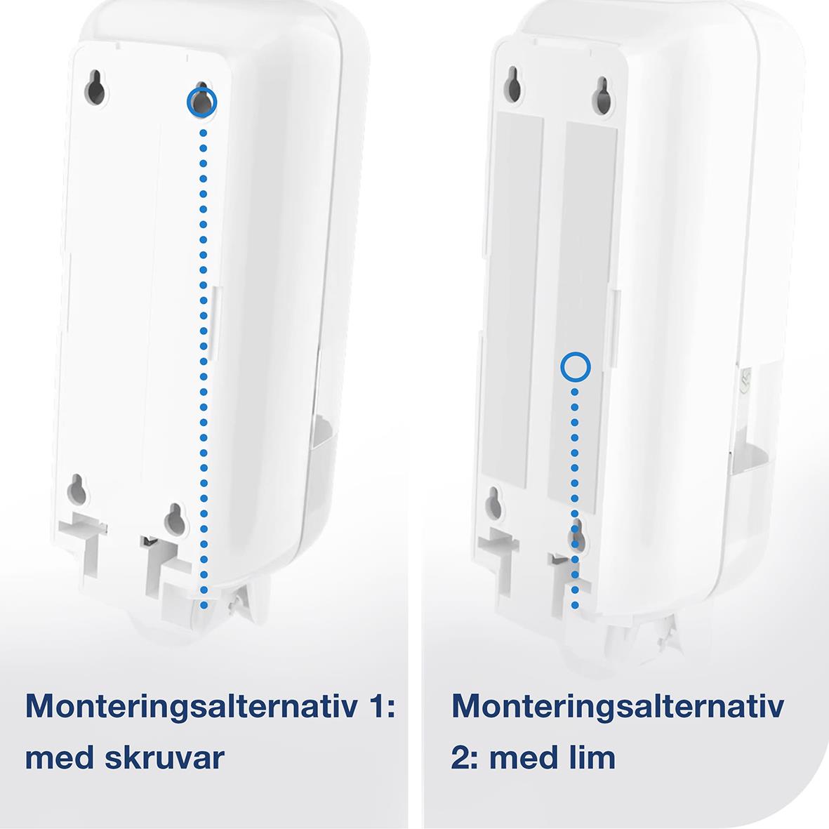 Svart plastdispenser Tork S4 med två monteringsalternativ, med skruvar och med lim