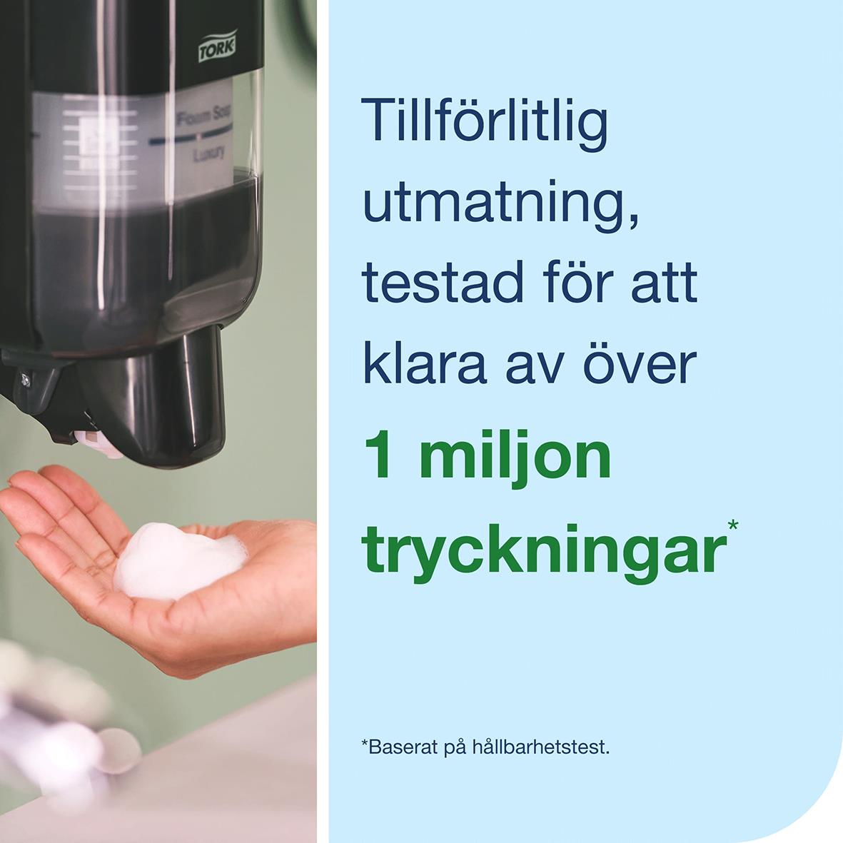 Svart plastdispenser Tork S4 med text om tillförlitlig testad för över 1 miljon tryckningar