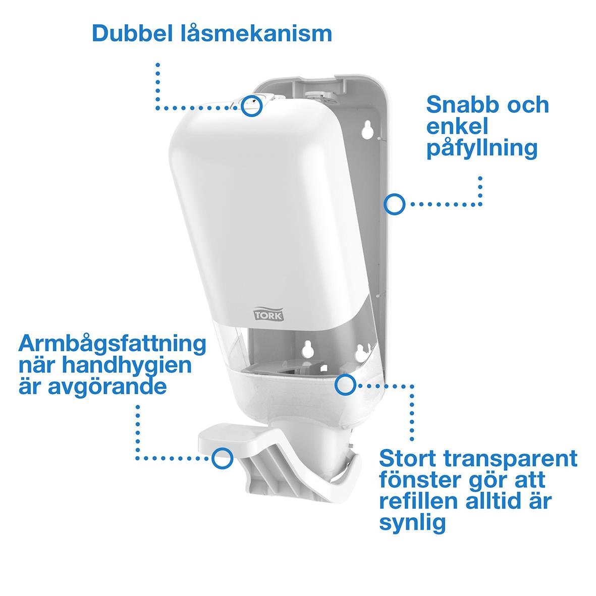 Vit dispenser Tork S4 med armbågsfattning, transparent fönster och enkel påfyllning