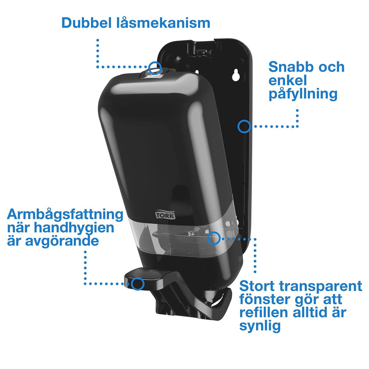 Svart Tork S4 dispenser med armbågsgrepp, dubbelt låsmekanism, transparent fönster för refill, enkel påfyllning