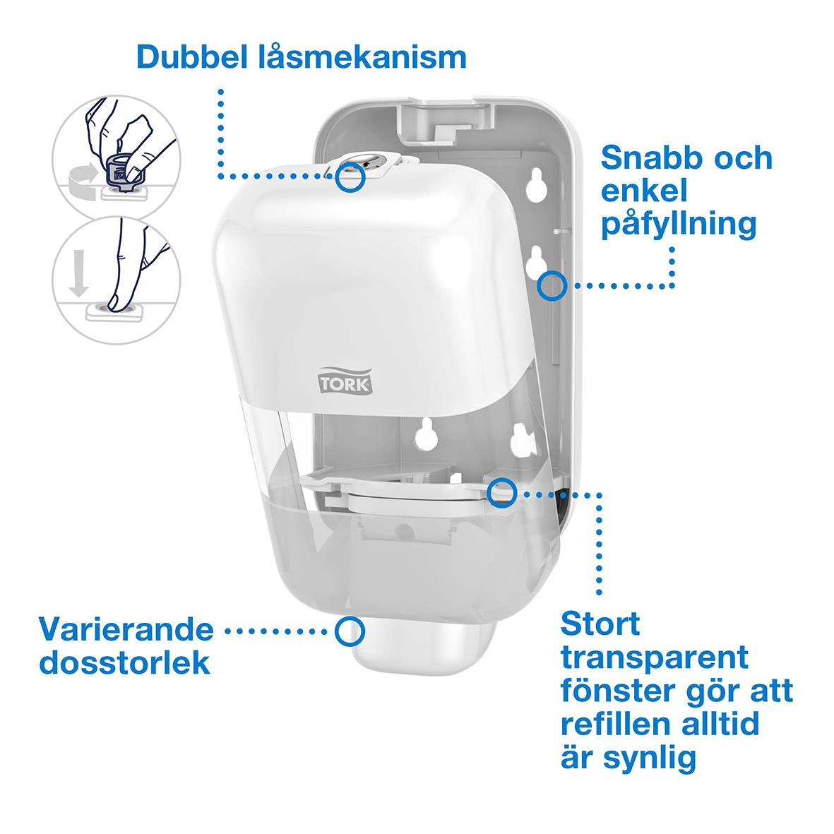 Vit Tork S5 Mini dispenser med dubbellås, snabb påfyllning, stor transparent fönster och varierande dosstorlek