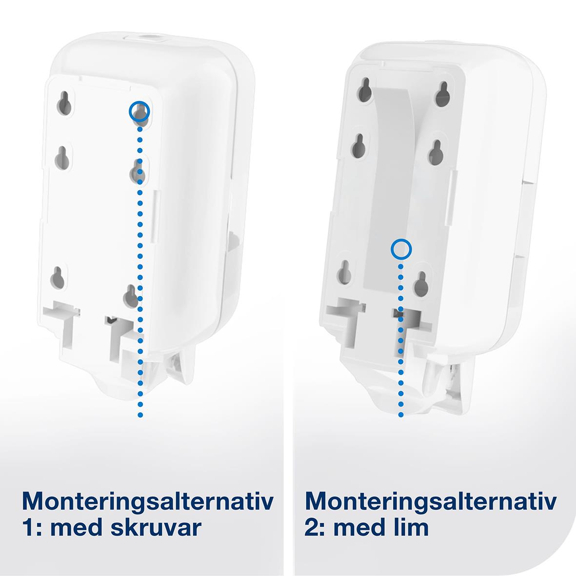 Vit Tork S5 Mini dispenser med två monteringsalternativ, med skruvar och lim