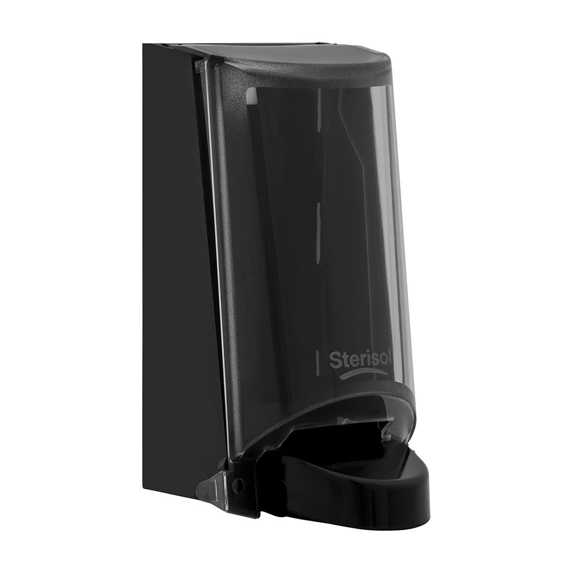 Dispenser Sterisol 0,7L i svart plast med transparent lock