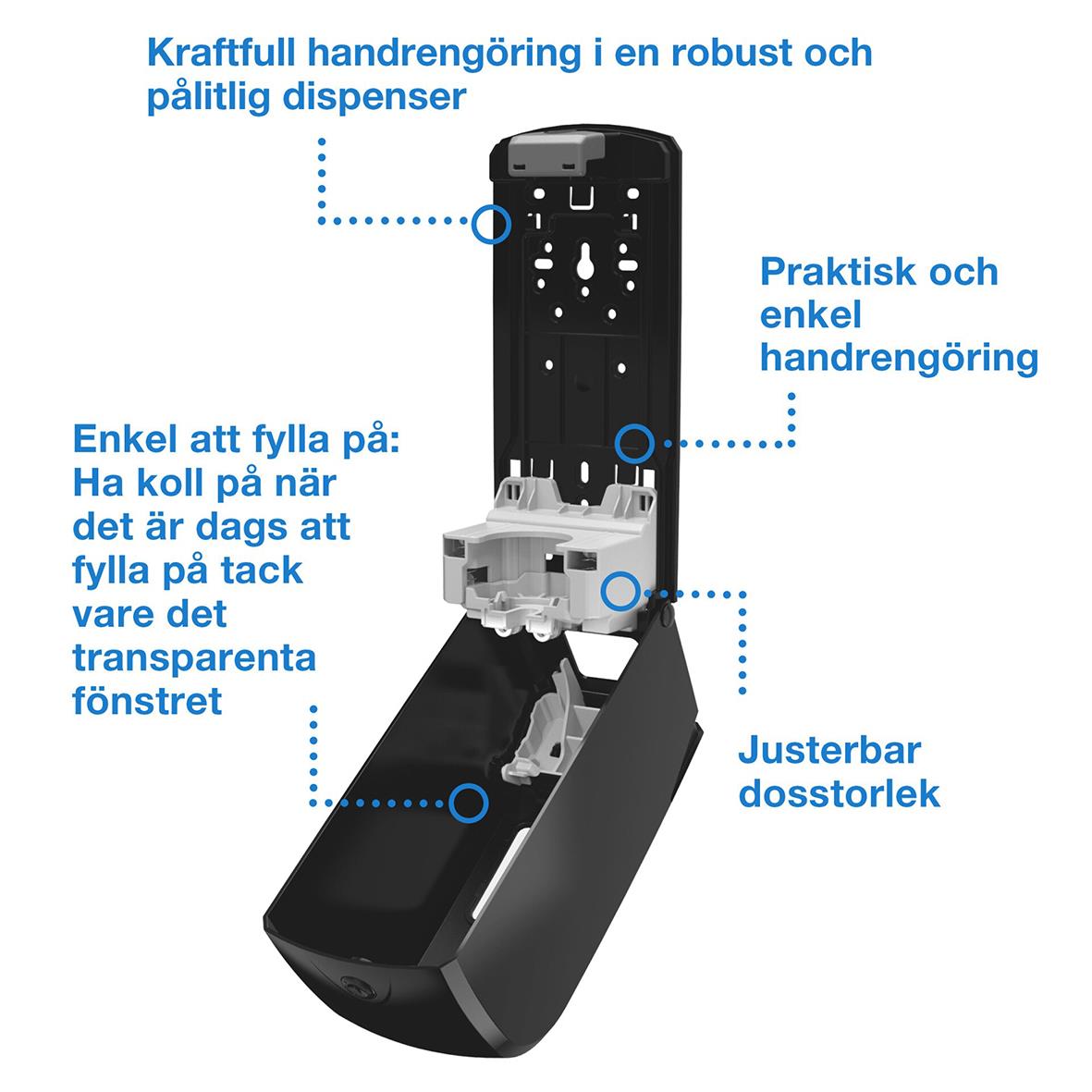 Svart dispenser för Tork tvål och handkräm S7 med lättanvända funktioner och justerbar dosering