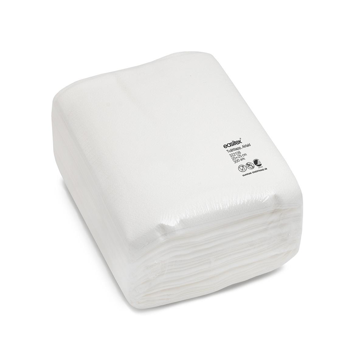 Vit tvättlapp EasiTex 32 Airlaid 20x25cm staplad i en hög