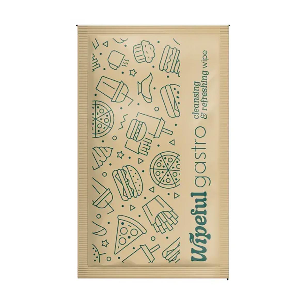 Våtservett Wipeful Gastro 12x20cm med pizza, dryck och matrelaterade ikoner på förpackningen