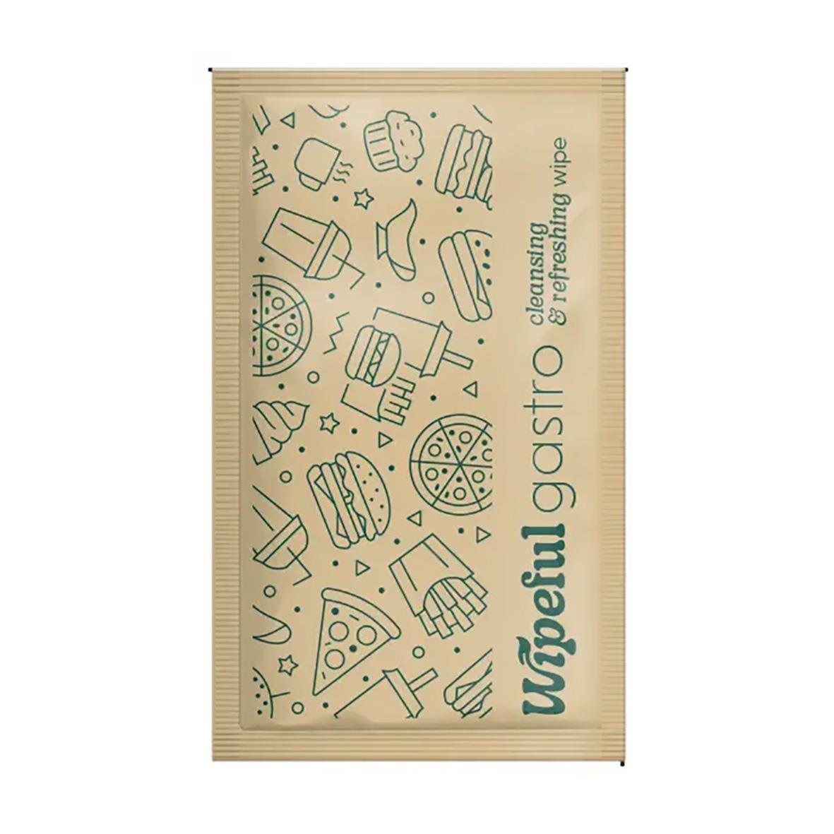 Våtservett Wipeful Gastro 12x20cm med pizza, dryck och matrelaterade ikoner på förpackningen