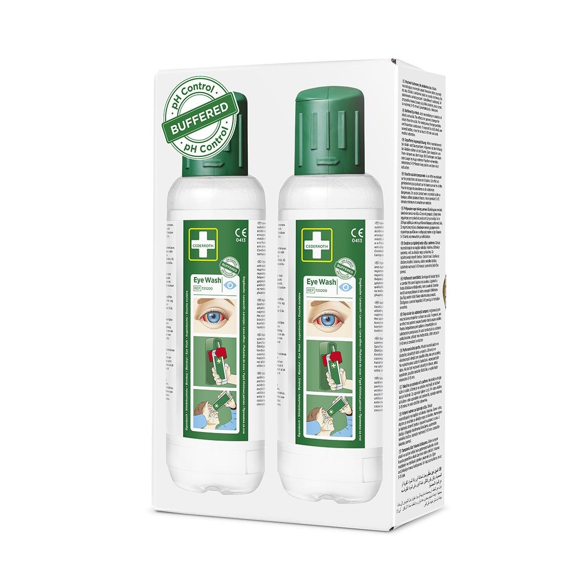 Ögondusch Cederroth 500ml i förpackning med två flaskor och instruktioner