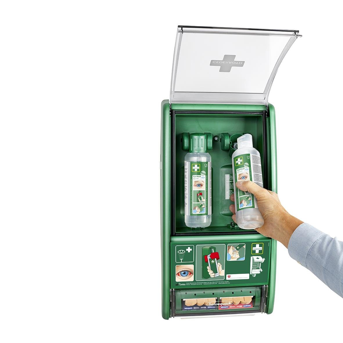 Ögonduschstation Cederroth med två 500ml flaskor, för ögonsköljning och första hjälpen