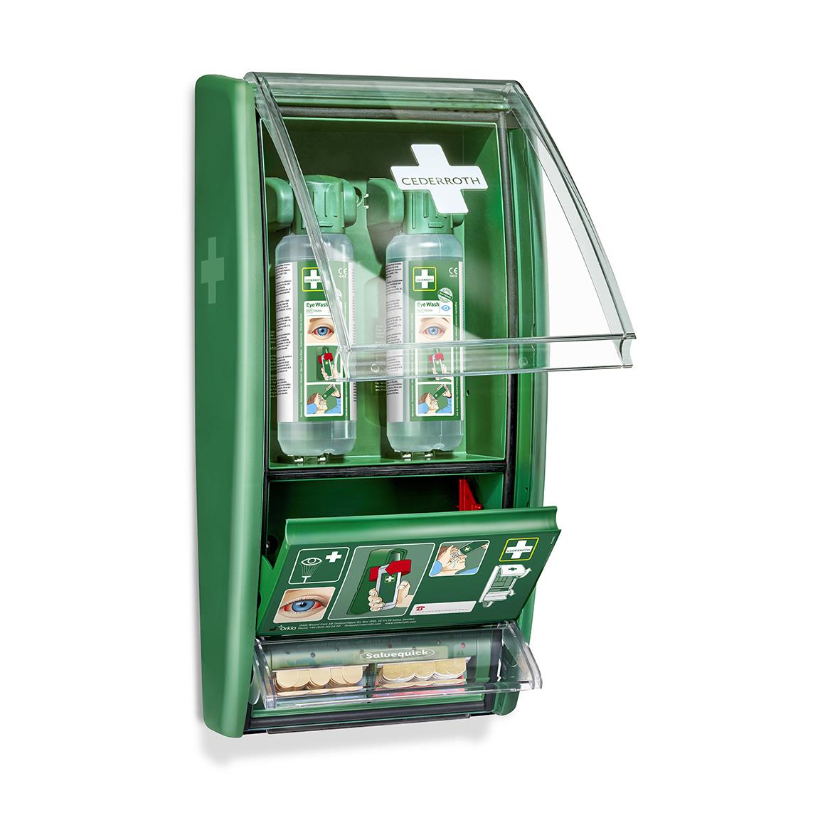 Ögonduschstation Cederroth med 2 flaskor 500ml, väggmonterad med skyddslock