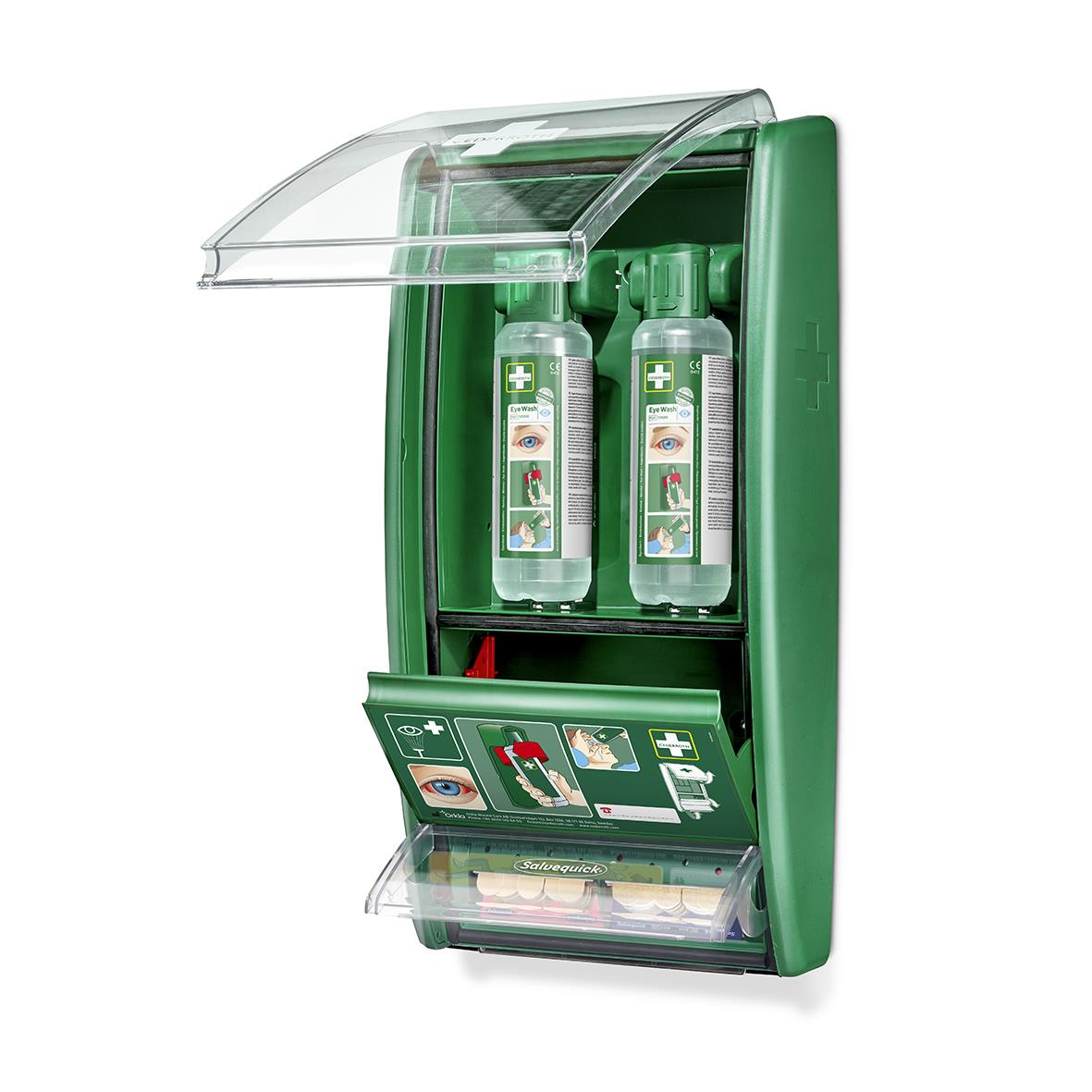 Ögonduschstation Cederroth med två 500ml flaskor i ett grönt väderskydd