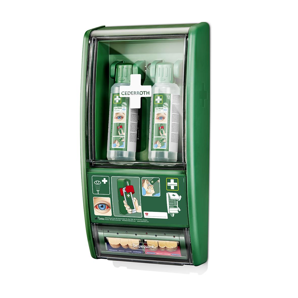 Ögonduschstation Cederroth med två 500ml flaskor i grön plast