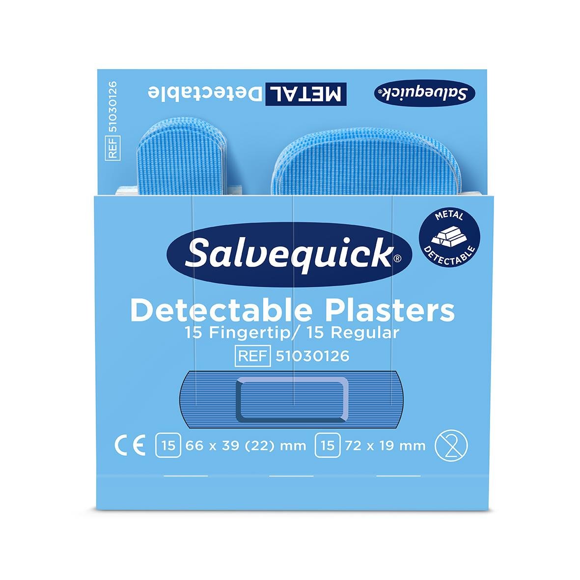 Blå plåsterrefill Salvequick Detectable med 30 st för finger och vanlig användning