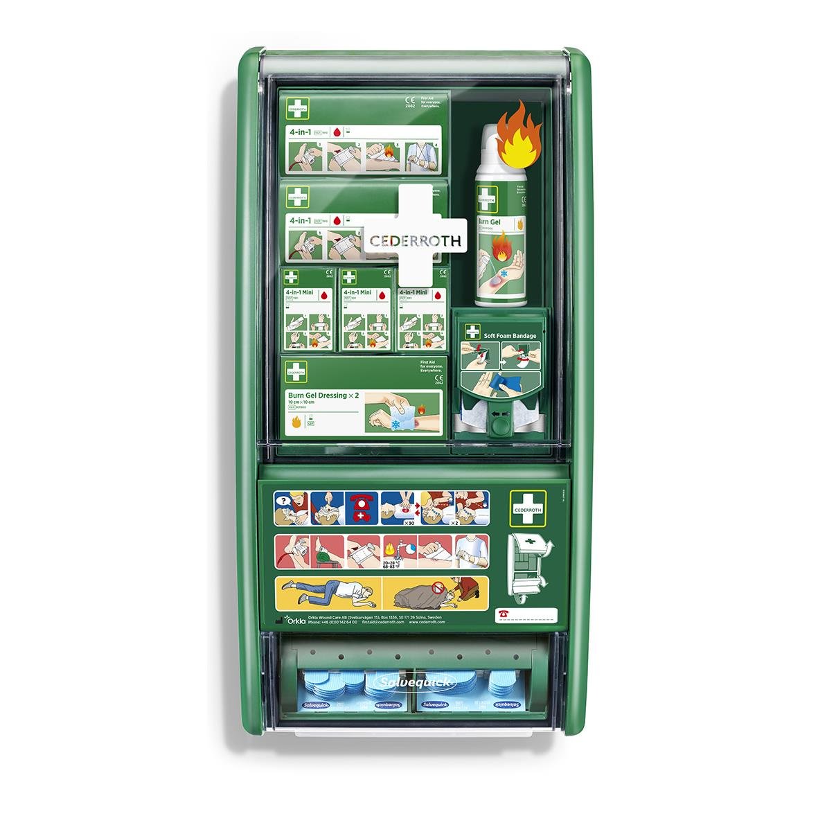 Första hjälpen station för brännskador från Cederroth med instruktioner och förbandsmaterial