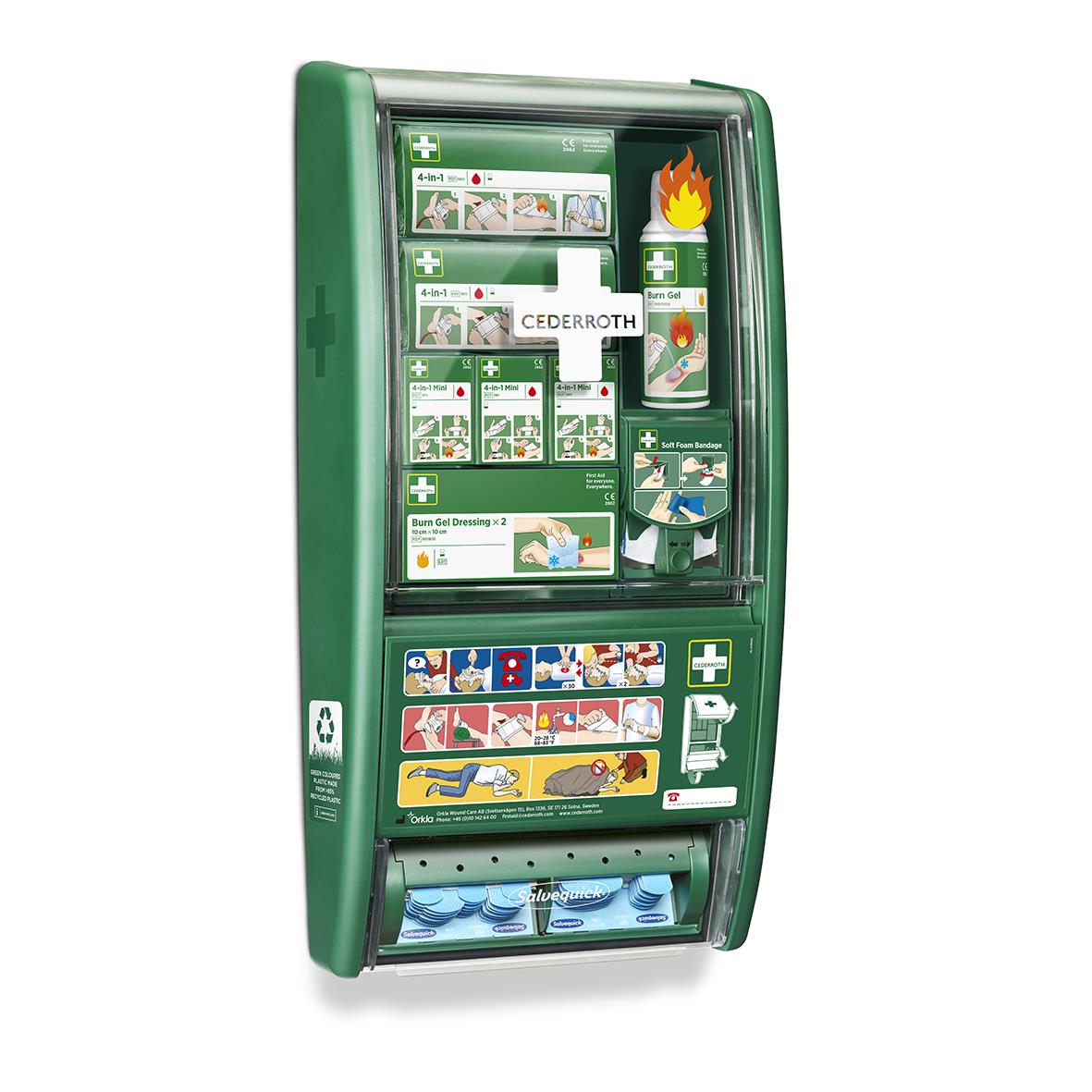 Första hjälpen station för brännskador från Cederroth i grönt skåp