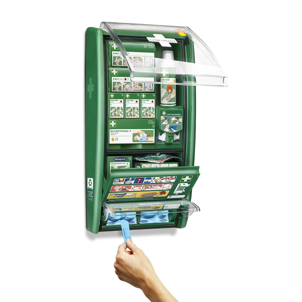 Första hjälpen station för brännskador från Cederroth, innehåller olika förbandsmaterial och instruktioner