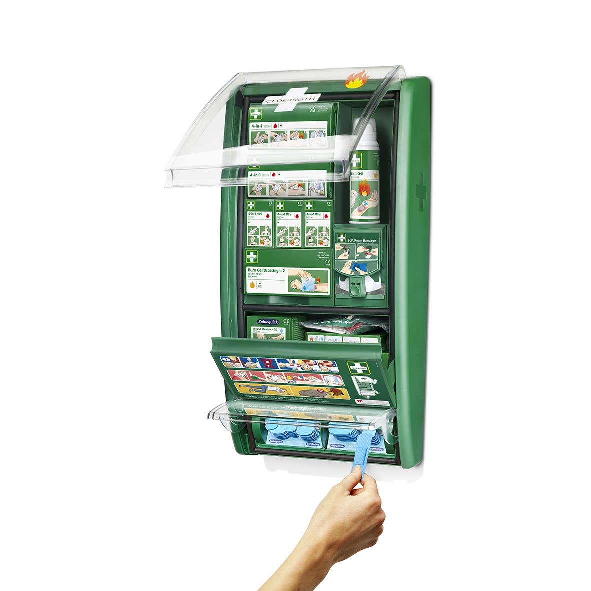 Första hjälpen station för brännskador från Cederroth med olika förbandsmaterial och instruktioner