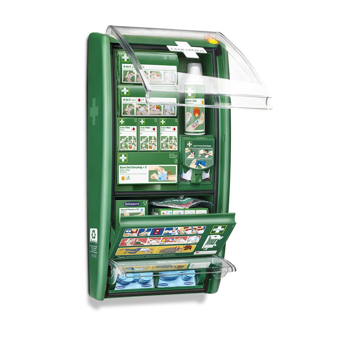 Första hjälpen station för brännskador från Cederroth, innehåller olika förbandsmaterial och instruktioner