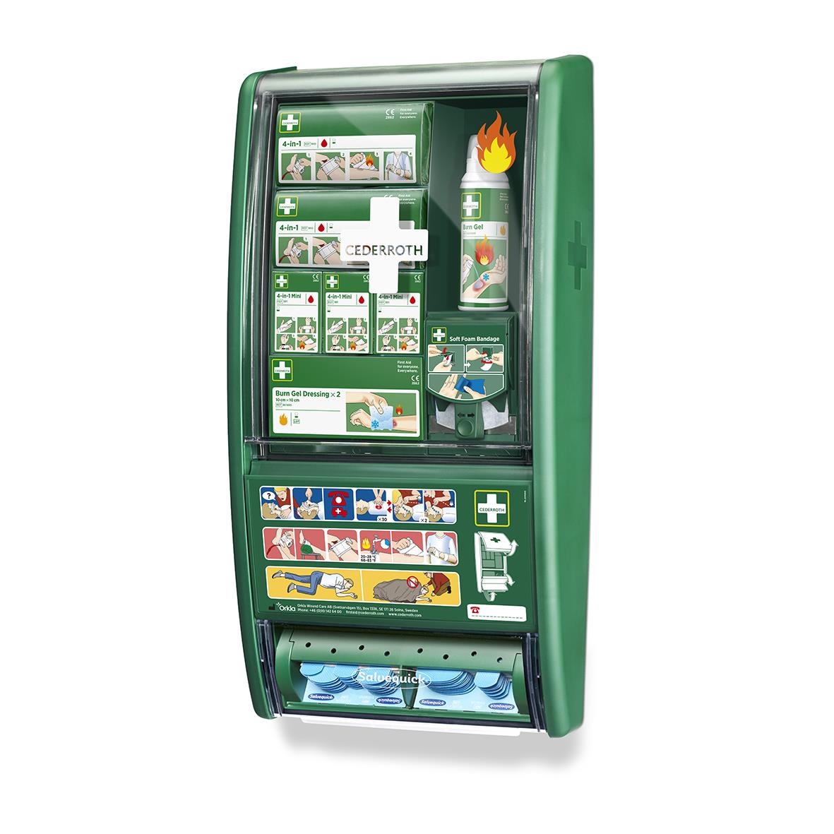 Första hjälpen station för brännskador från Cederroth i grönt skåp