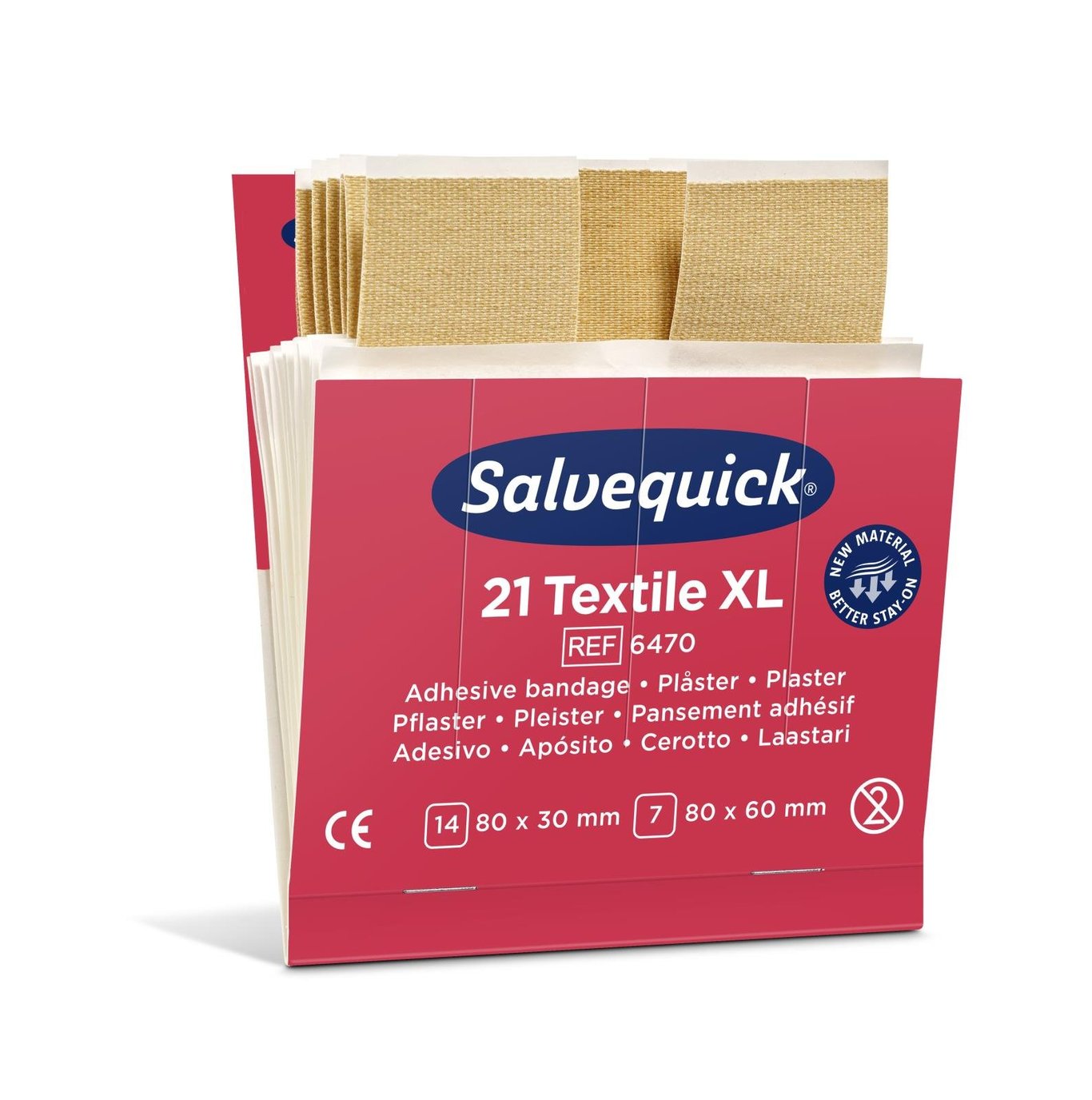 Salvequick Extra Stora Textile Refill 21st, förband i rosa förpackning med beige plåster