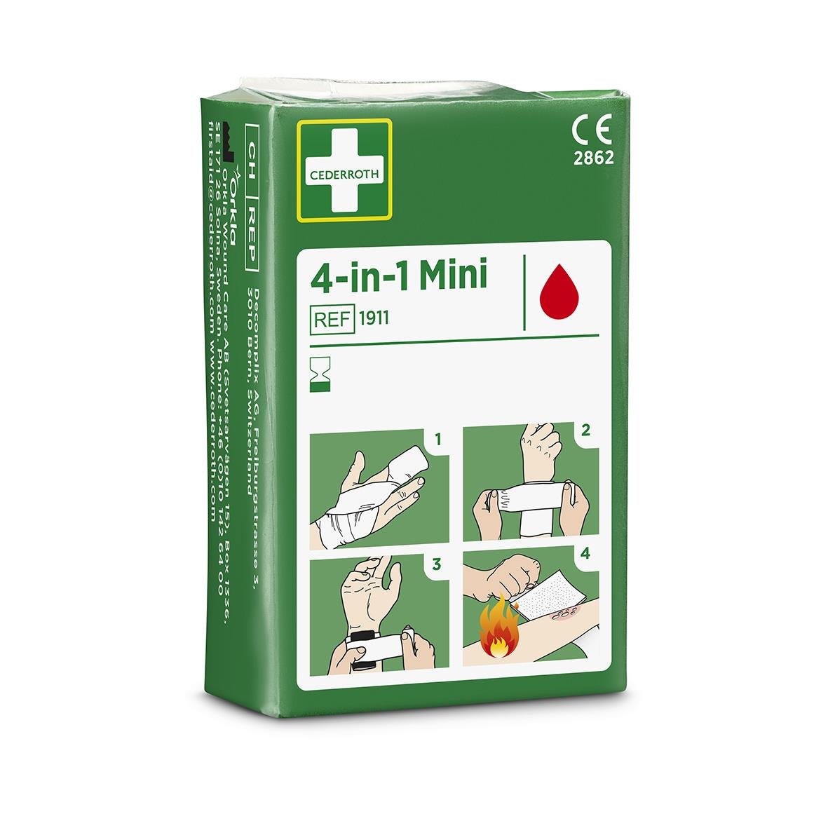 Blodstoppare Cederroth 4-in-1 Mini refill för första hjälpen, visar användningsinstruktioner och brandvarning