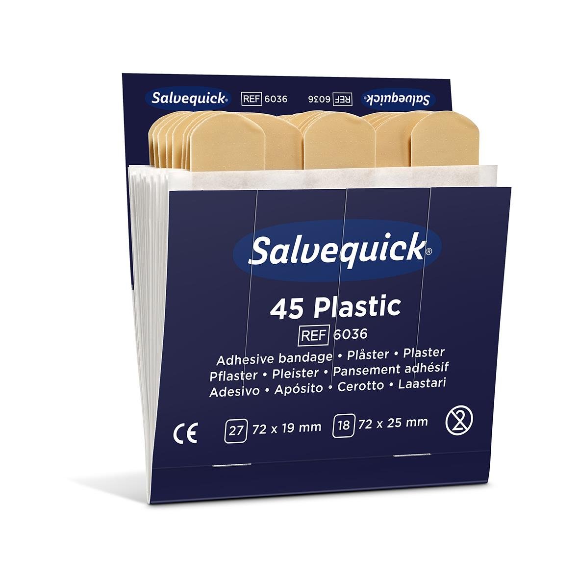 Förpackning med 45 plastplåster från Salvequick, refill, storlek 72x19 mm och 72x25 mm