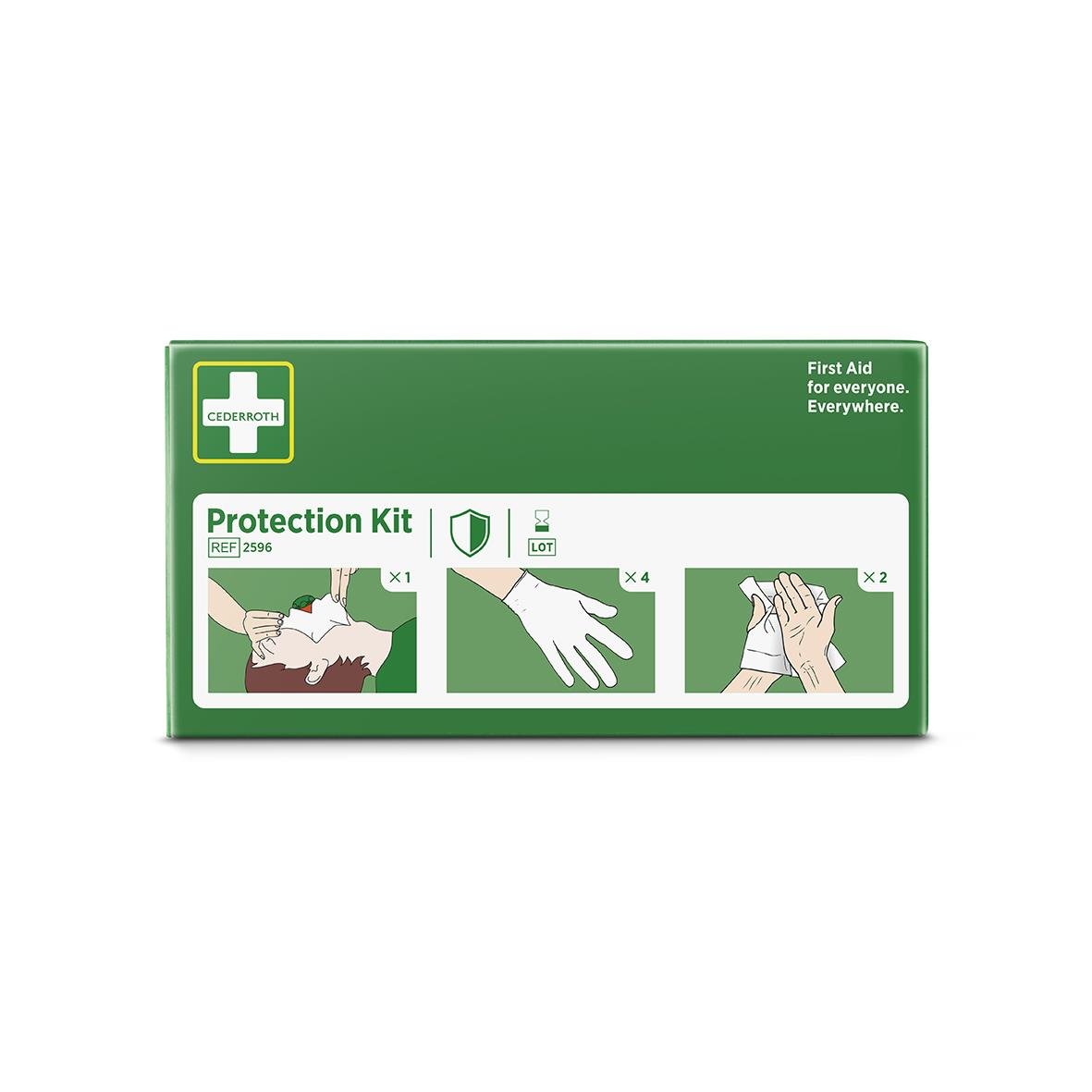 Skyddspaket Cederroth med förbandsmaterial, handskar och bandage i grönt förvaringsskåp