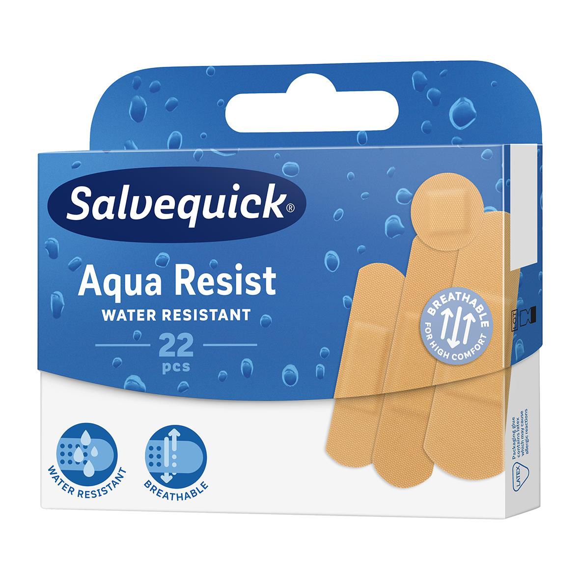 Salvequick Aqua Resist plåster i blå förpackning med 22 vattenresistenta plåster