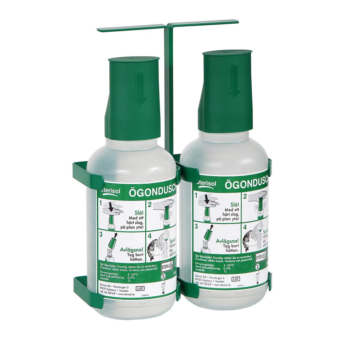 Ögondusch Sterisol med bärbart ställ och skylt, två 1-liters flaskor med instruktioner för ögondusch