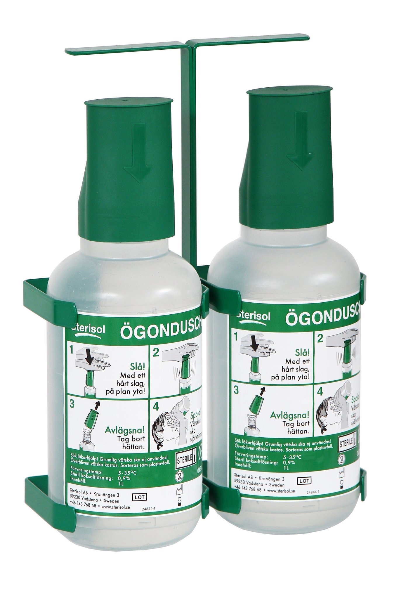 Ögondusch Sterisol med bärbart ställ och skylt, två 1-liters flaskor med instruktioner för ögondusch