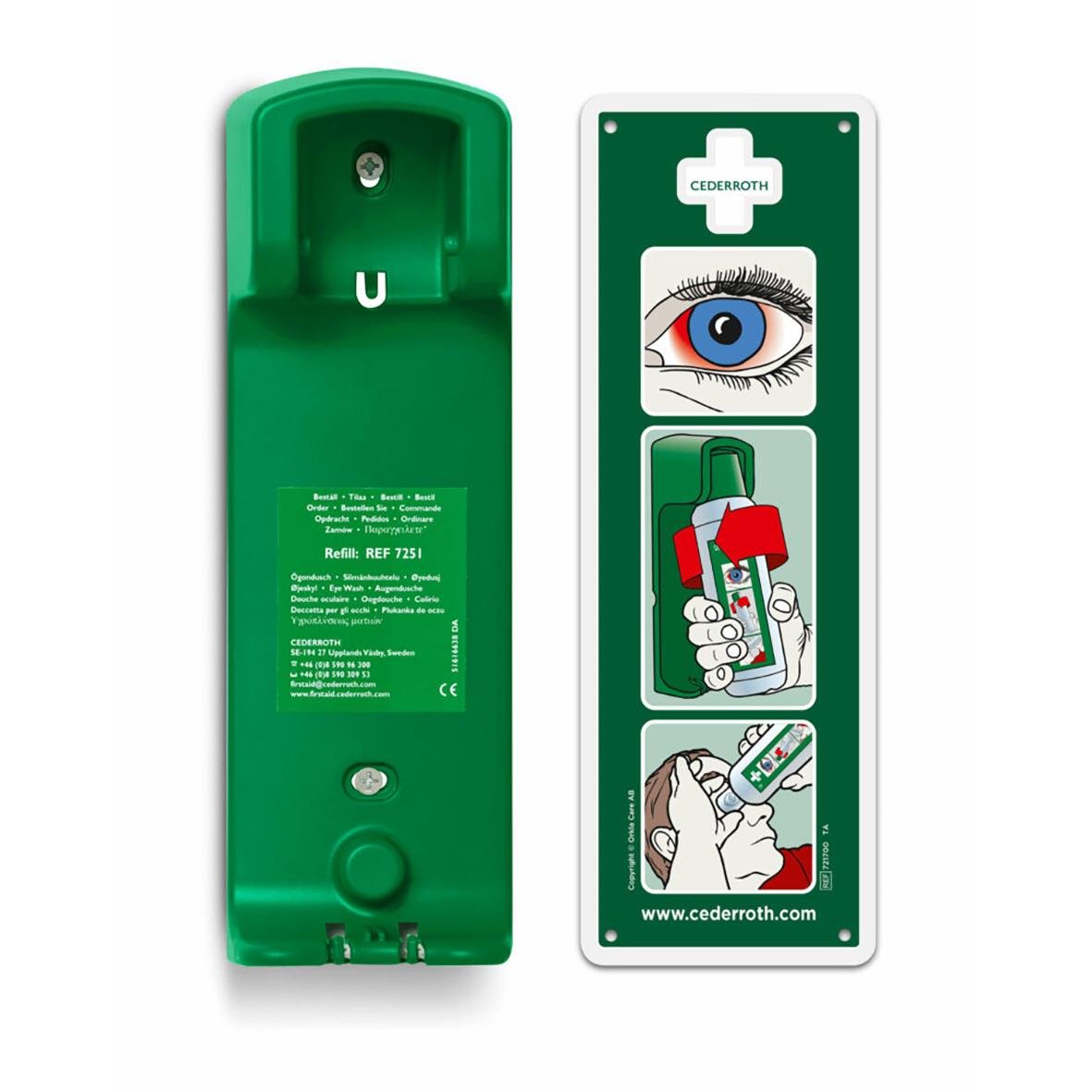 Vägghållare för Cederroth ögondusch 500ml med instruktioner och skylt