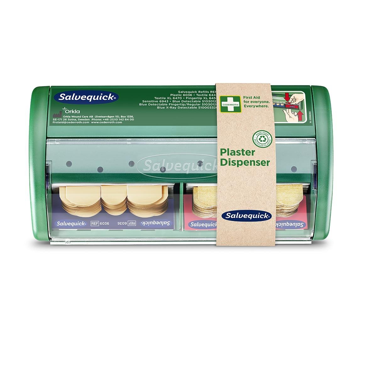 Plåsterautomat Salvequick 85 st med olika plåster i en grön dispenser
