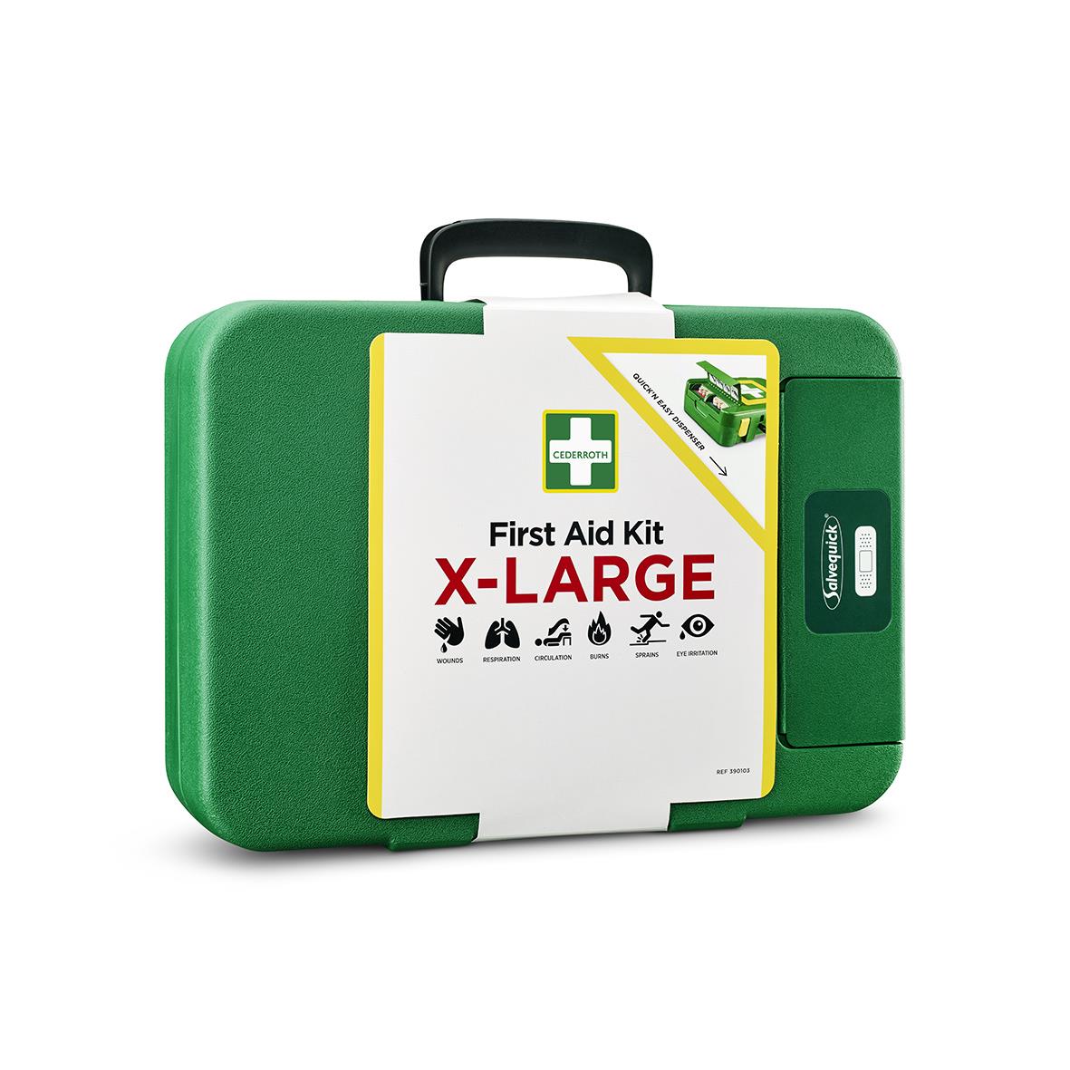 Första hjälpen väska Cederroth XL i grönt med handtag och första hjälpen etikett