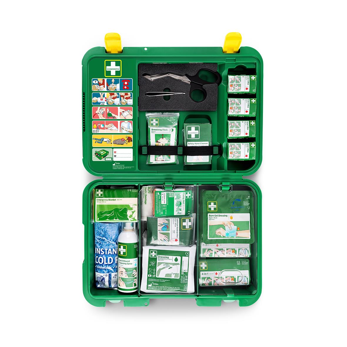 Första hjälpen Cederroth Väska XL med olika förbandsmaterial och första hjälpenutrustning