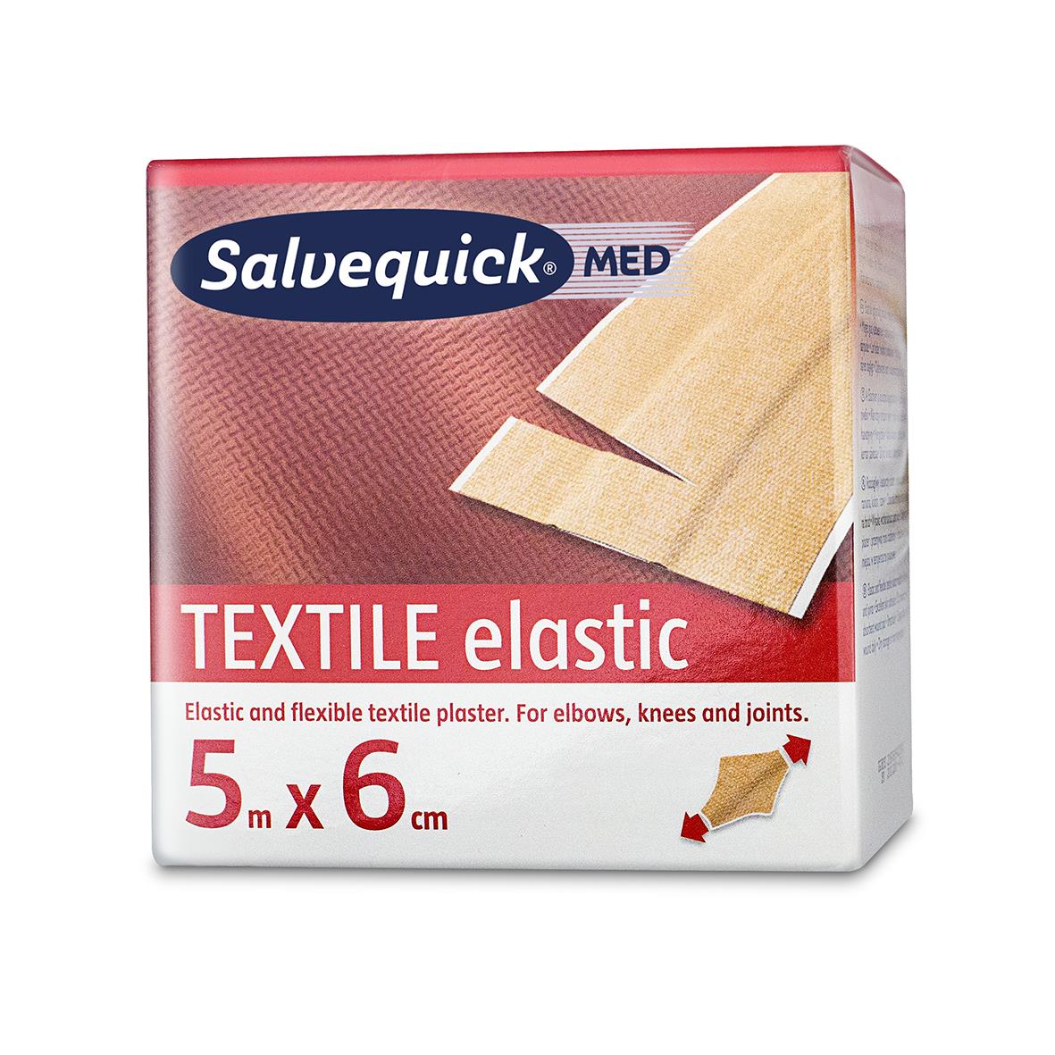 Salvequick textile elastiskt plåster 6cm x 5m för armbågar, knän och leder