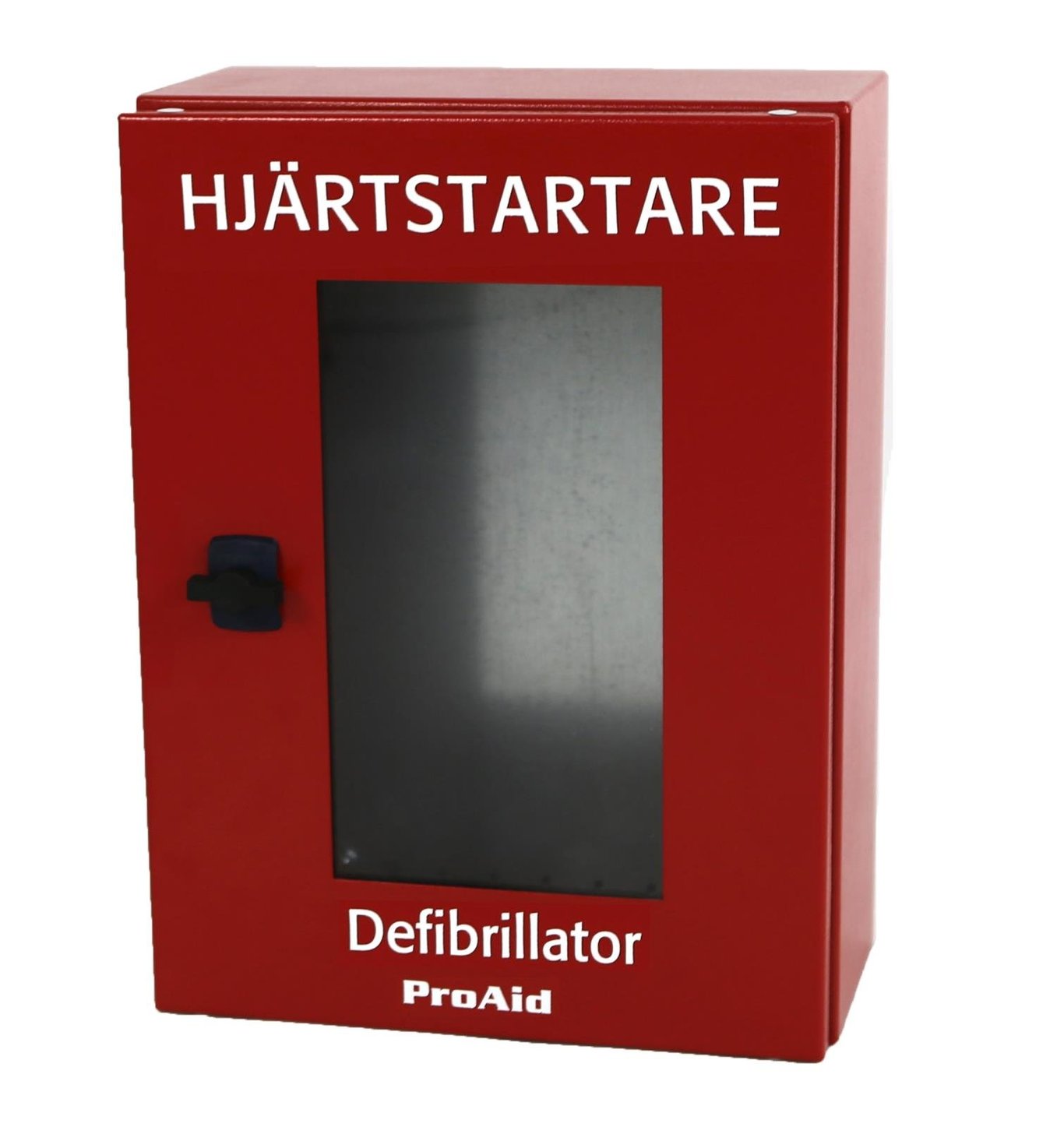 Rött skåp med glasruta för hjärtstartare och defibrillator, märkt Hjärtstartare och ProAid