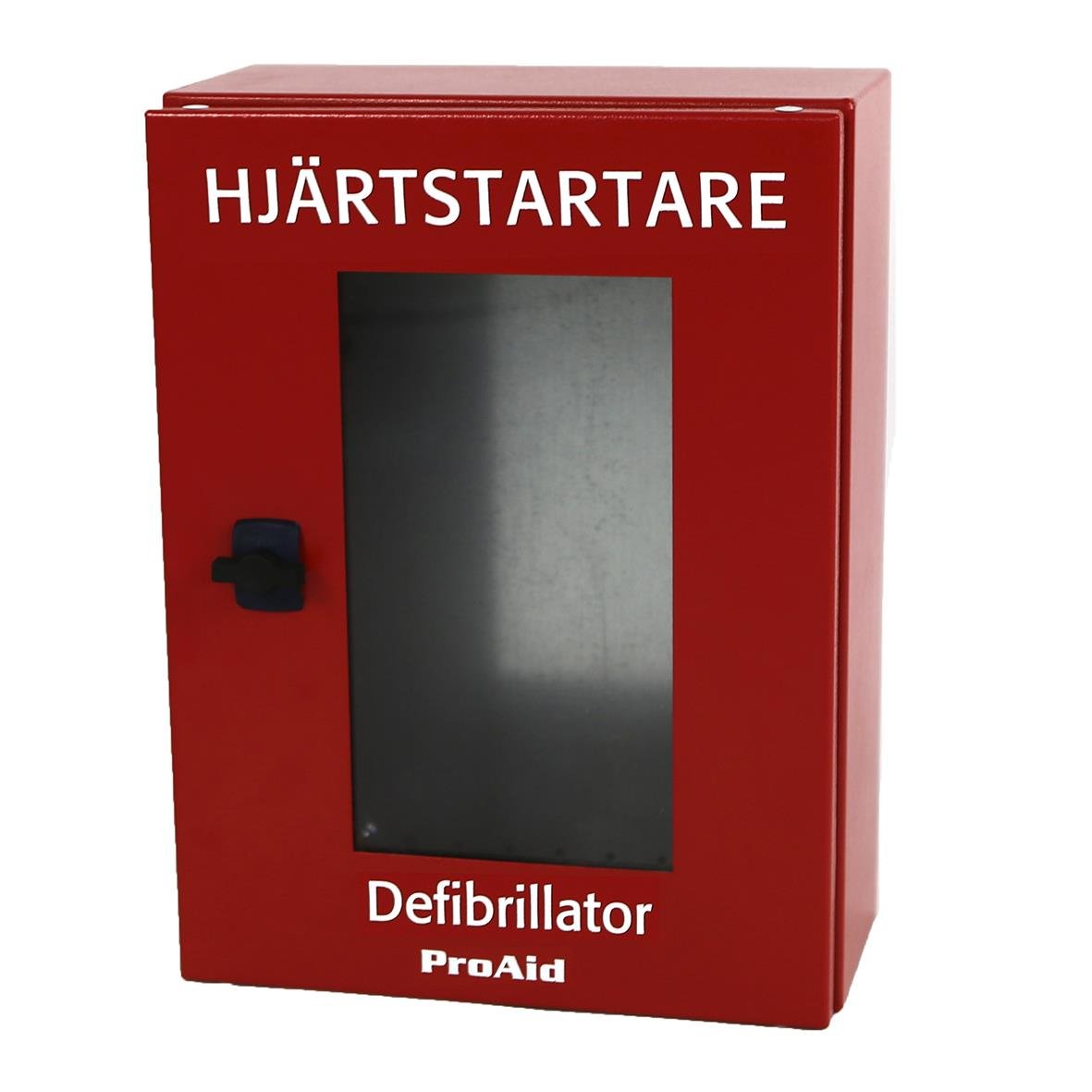 Rött skåp med glasruta för hjärtstartare och defibrillator, märkt Hjärtstartare och ProAid